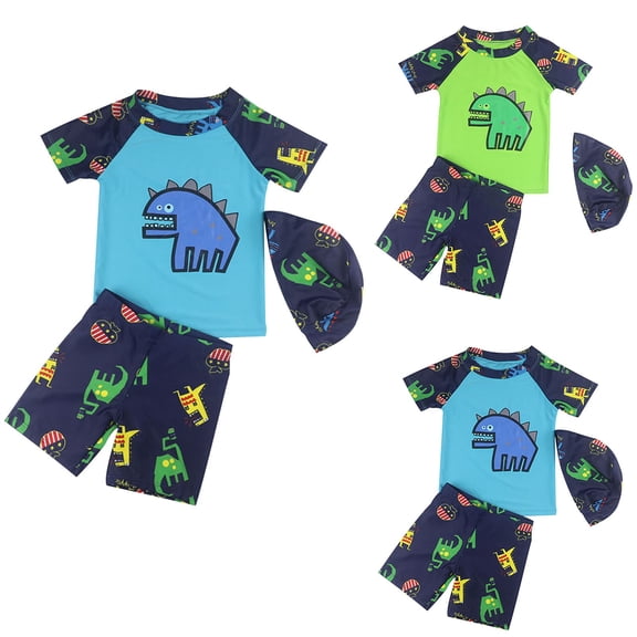 SROBPTY Kid Boys Swimsuit Set Print Short Sleeve Top Shorts 3 Piece Bathing Suits for 2-13 Years