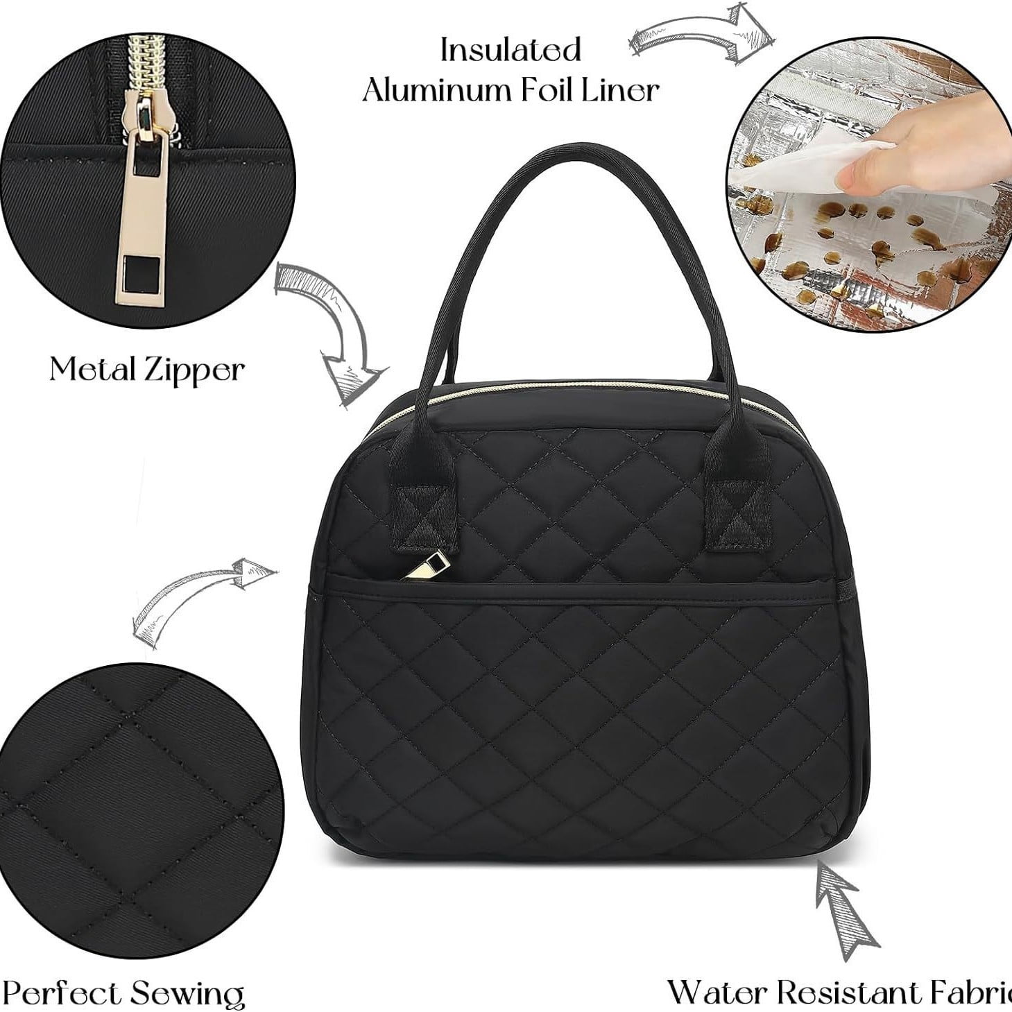 Insulated Lunch Bag Waterproof Oxford Diamond Quilted for Office School Travel