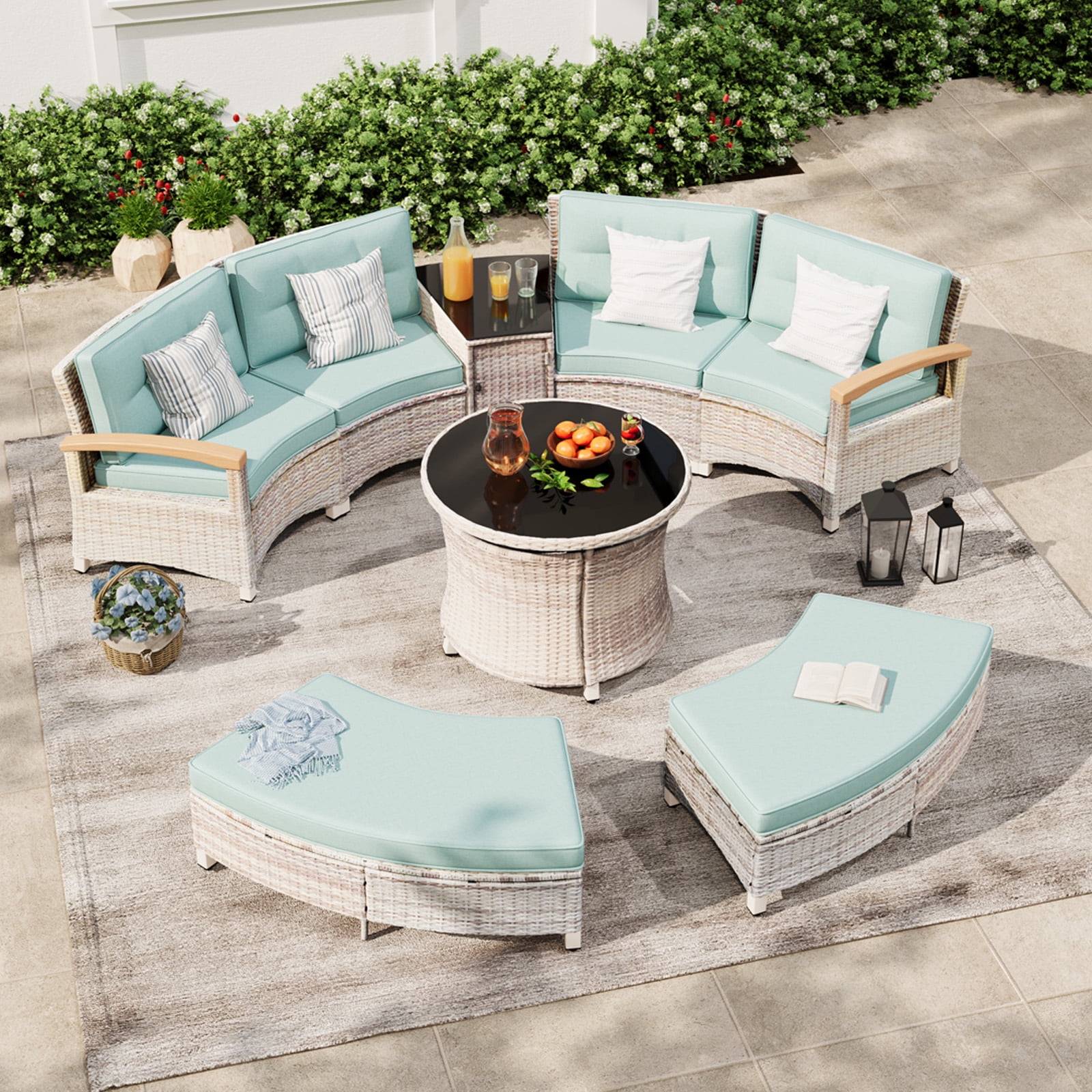 MEISSALIVVE 8-Piece Half-Moon Curved Outdoor Patio Furniture Set, Sectional Conversation Sofa with 2 Half-Moon Ottomans, Round Coffee Tables for Backyard Deck Garden, Blue