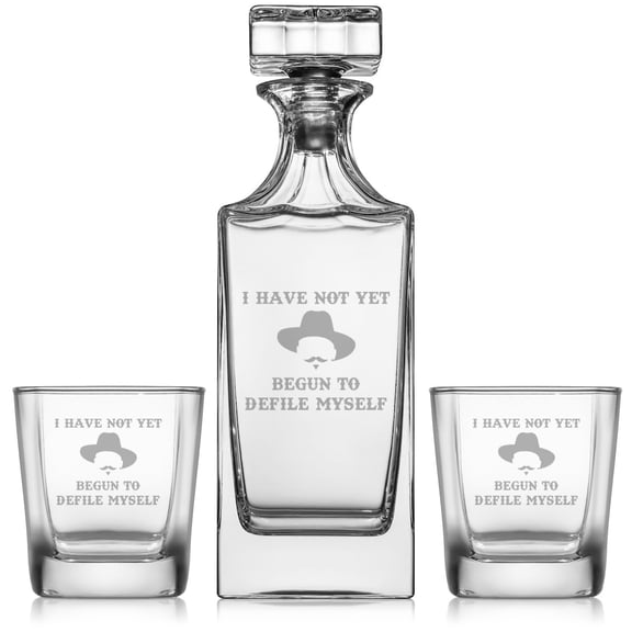Whiskey Decanter Gift Set With 2 Whiskey Old Fashioned Rocks Glasses I Have Not Yet Begun To Defile Myself