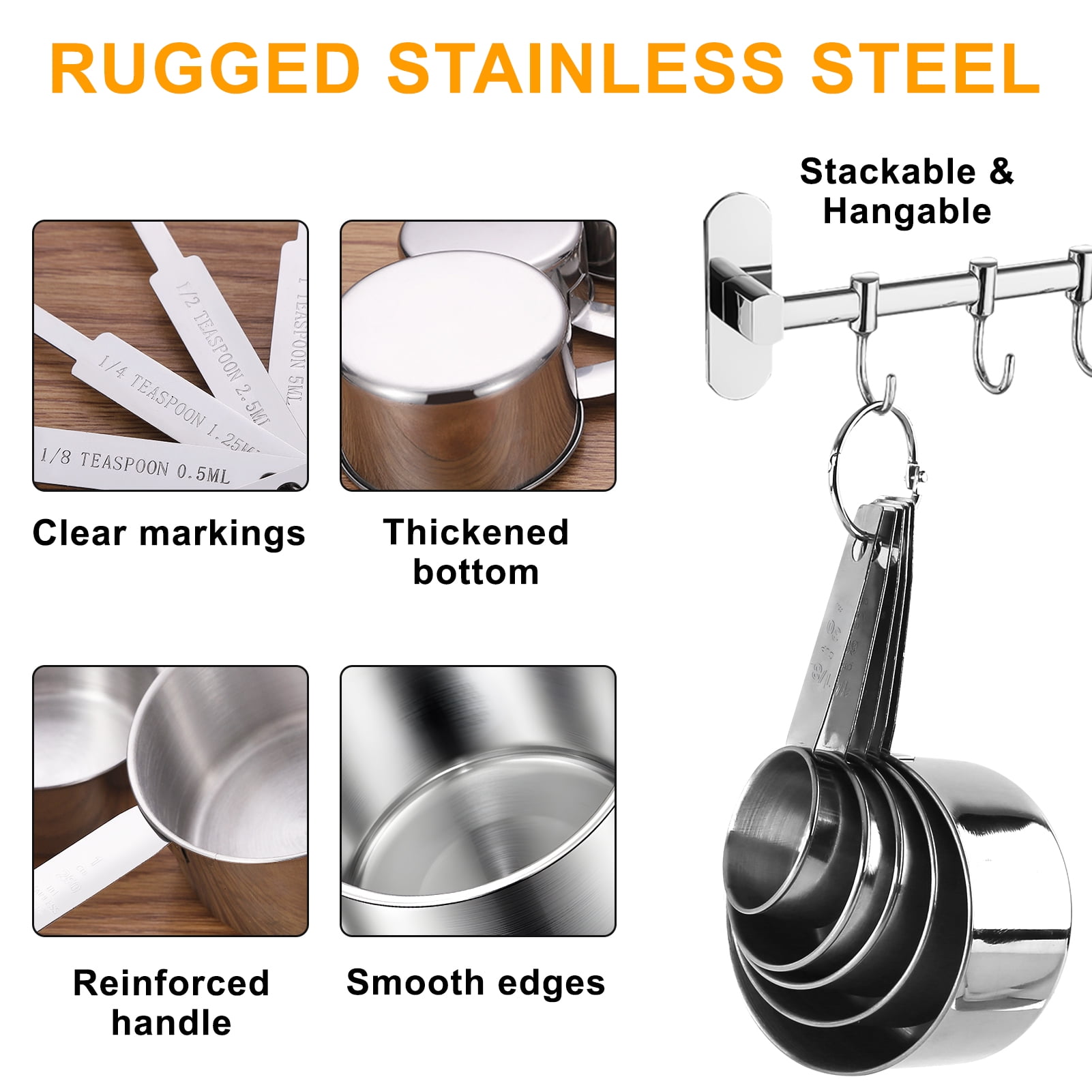 Measuring Cups and Spoons Set of 10, 5 Stainless Steel Cups and 5 Spoons for Kitchen Cooking Baking