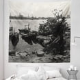 thumbnail image 1 of Black and White Tapestry, Hand Drawn Drawing Effect Landscape of Coast Fishing Boats Skyline, Fabric Wall Hanging Decor for Bedroom Living Room Dorm, 5 Sizes, Eggshell Dark Grey, by Ambesonne, 1 of 1