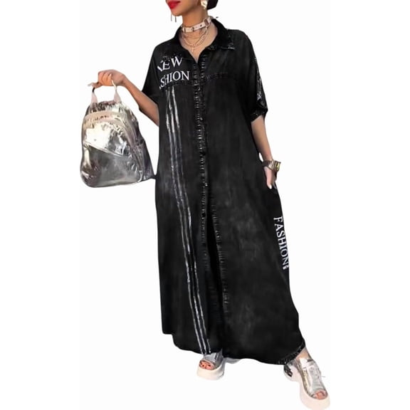 Women's Loose Casual Button Down Denim Shirt Dress Letter Print Short Sleeve Jean Maxi Dress with Pockets