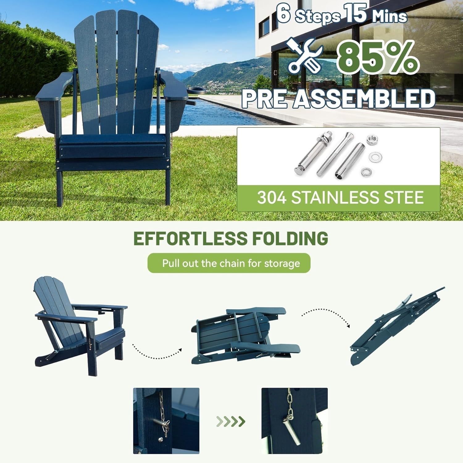 Folding Adirondack Chair, HDPE Outdoor Chair with Cup Holder, Weather Resistant Patio Chair with Wood Grain Finish for Lawn, Deck, Fire Pit, Dark Blue