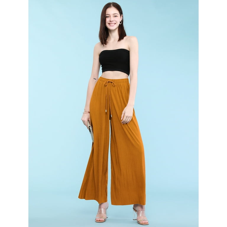 Made by Johnny Women's Pleated Wide Leg Palazzo Pants with Drawstring  ONESIZE MUSTARD 