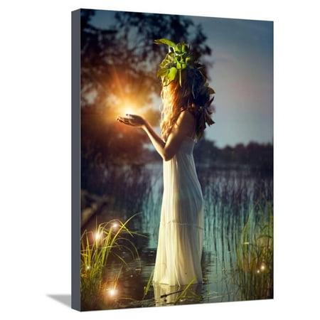 fantasy girl taking magic light in her hands mysterious night scene