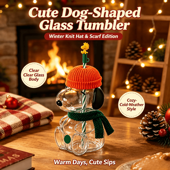 Cute Dog‑Shaped Glass Snoo.py Inspired Tumbler with Knit Hat & Scarf, Reusable Straw Cup, 16oz Novelty Drinking Cup for Halloween and Christmas Gifts