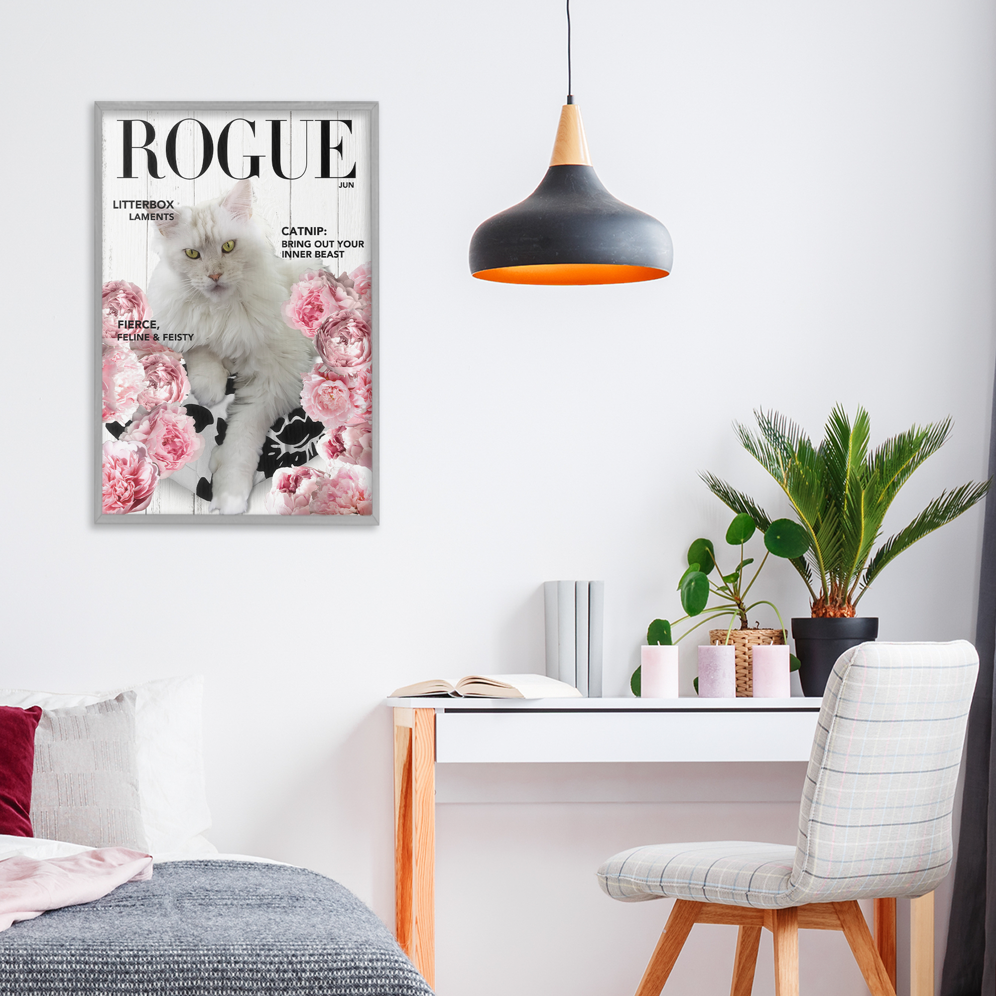 Funny Floral Cat Magazine Gray Framed Giclee Art, design by Sasha
