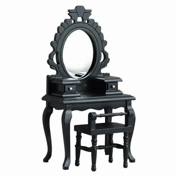 Set de tocador en miniatura con forma de casa de muñecas, escala 1:12 con espejo, color negro