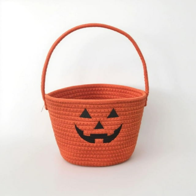 Feltree Halloween Candy Rope Basket for Kids - Cute Pumpkin Design Treat Bucket with Handle, Durable and Reusable for Trick or Treating, Storage Organizer Gift Basket