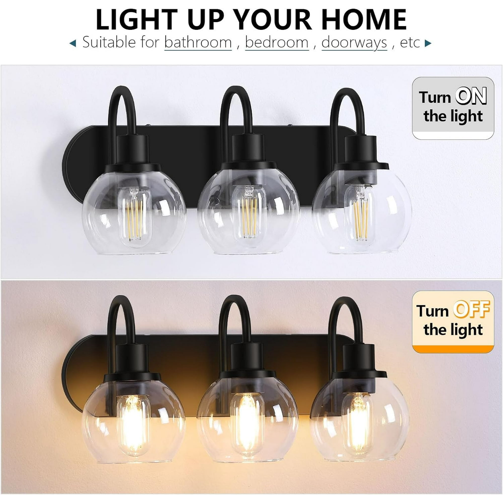 Matte Black Bathroom Light Fixtures Vanity Light for Bathroom 3 Lights Modern Wall Light Fixtures over Mirror with Clear Glass Shade