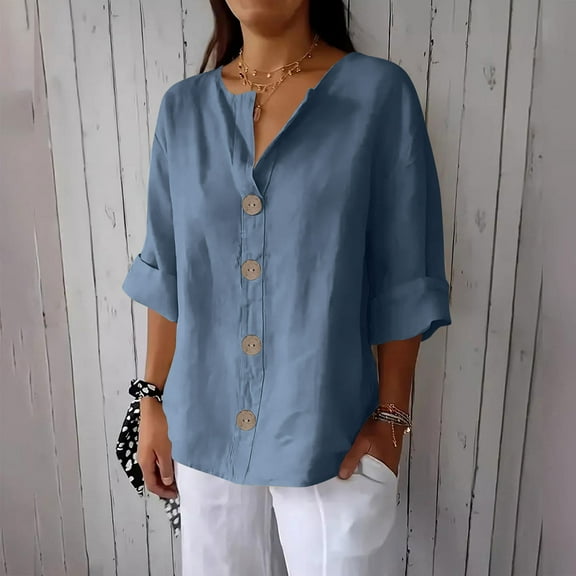 Clearance under 10$ Sevevn Women's New Solid Color V-neck Three Quarter Sleeve 3/4 Loose Cotton And Linen Top With Decorative Buttons Summer Savings Blue XL