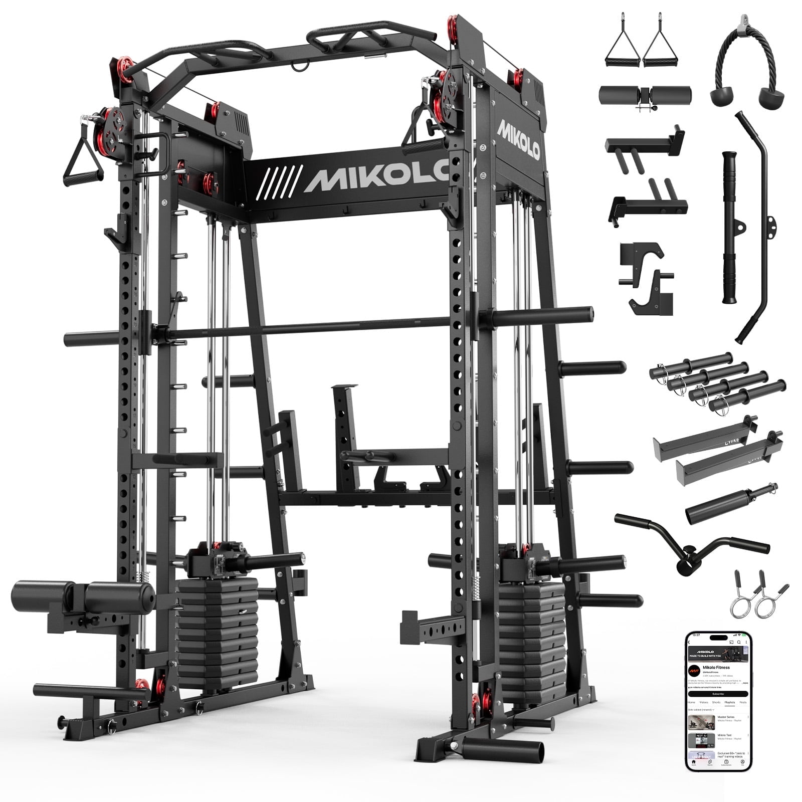 Mikolo M11 Elite Smith Machine Home Gym,2200 lbs Power Rack Cage with Dual 130LBS Weight Stacks, Functional Trainer , 18PCS Aluminum Pulleys and Other Attachments for Home Gym