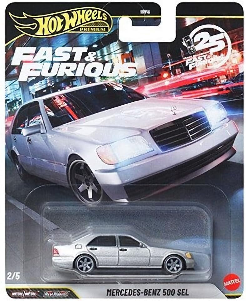 Hot Wheels Premium Fast & Furious 25th Anniversary Die-Cast Cars, Set of 5, Mitsubishi Eclipse, Mercedes 500 SEL, Mustang Boss 302, Lykan Hypersport, Toyota FJ, HNW46-956N