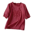thumbnail image 2 of iHengLiXing Plus Size Womens Tops Dressy Casual Womens Spring Summer Solid Color Embroidery Casual Loose T-Shirt Short Sleeve Round-Neck Linen Blouse Red M, 2 of 3