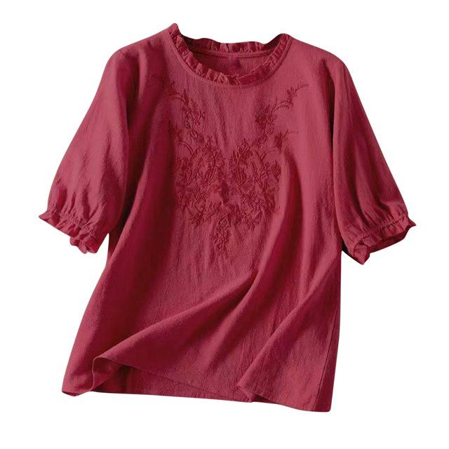 Birdeem Blouses pour Femmes Printemps Été Couleur Unie Broderie T-Shirt Décontracté Manches Courtes Col Rond Hauts Blouse en Coton Lin