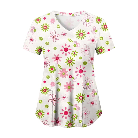 felwors Print Scrub Tops Women Floral Scrubs V Neck Short Sleeve Stretch Nurse Uniform with Pockets Functional Workwear (Light Pink, XXL)