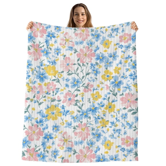 Pink Blue Yellow Flowers Throw Blanket, Flannel Fleece Blanket with Striped Design for Couch, Watercolor Botanical Floral Soft Breathable All Season Plush Blankets for Sofa Chair Travel 32"x48"