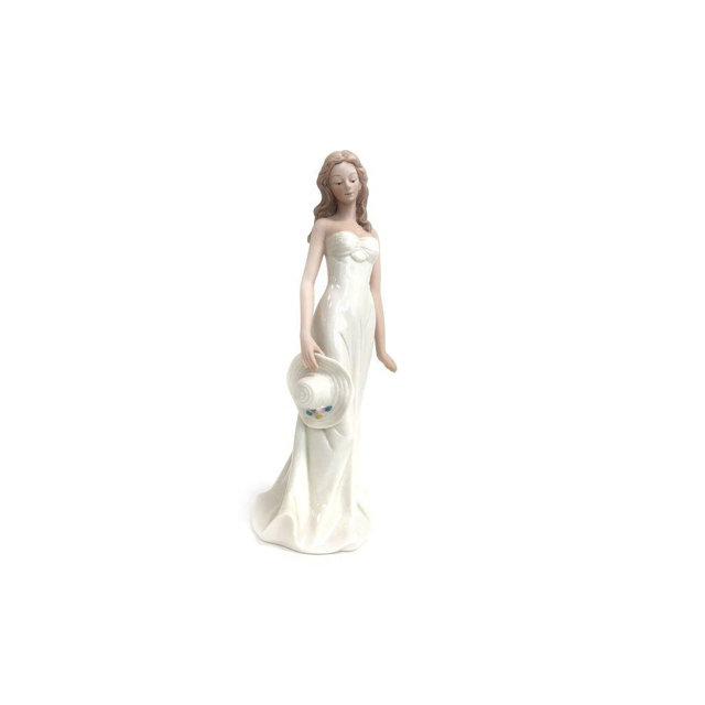 Lady With White Dress Holding Hat Figurine