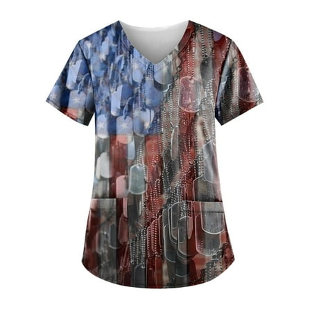 

Sksloeg Scrubs Independence Day Top V-Neck Flag Star Stripes Printed Workwear With Pockets Patriotic Shirts Nursing Working Uniform Dark Gray XL