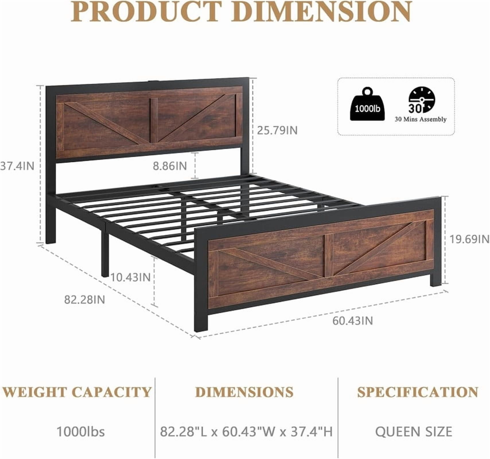 Queen Size Platform Bed Frame with LED Lights, USB Charging, and Farmhouse Barn Door Headboard, Strong Metal Slats Support, Noise Free, No Box Spring Needed, Brown