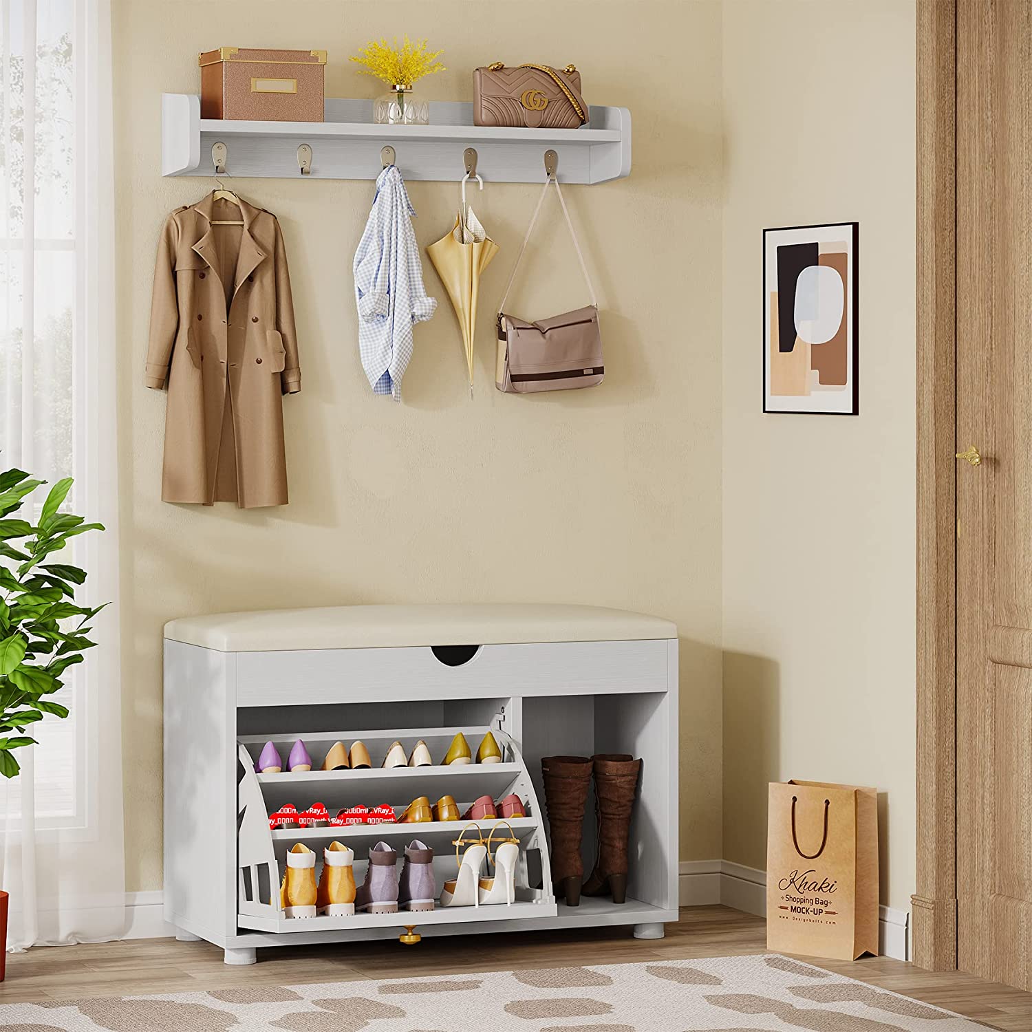 Tribesigns 6 in 1 Coat Rack Shoe Bench Set, Entryway Hall Tree Shoe