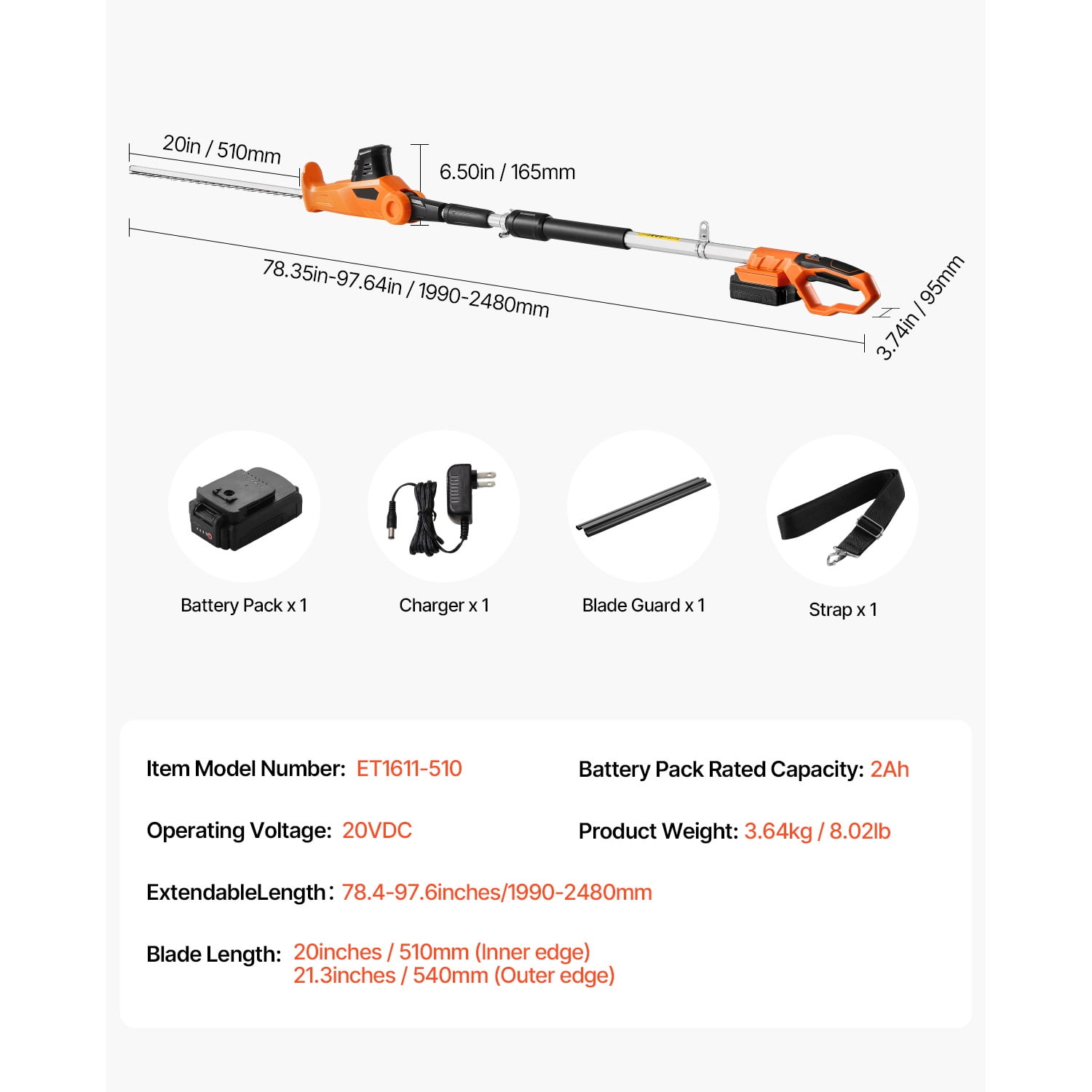 KFFKFF Cordless Hedge Trimmer, 1200 RPM, Extendable 6.2 - 7.8 Ft, Pole Trimmer for Elevated Branches, Comes with 20V Battery, 20 in Blade with 5 Adjustable Angles, for Yard and Garden Maintenance