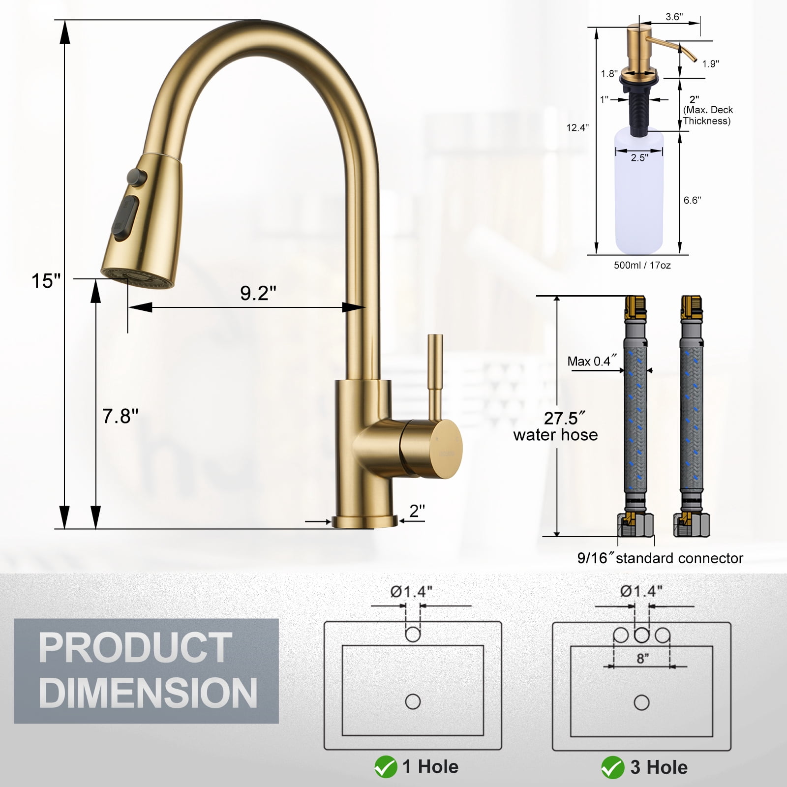 Wowow Single Handle Stainless Steel Pull Down Kitchen Faucet with Sprayer and Soap Dispenser, Gold