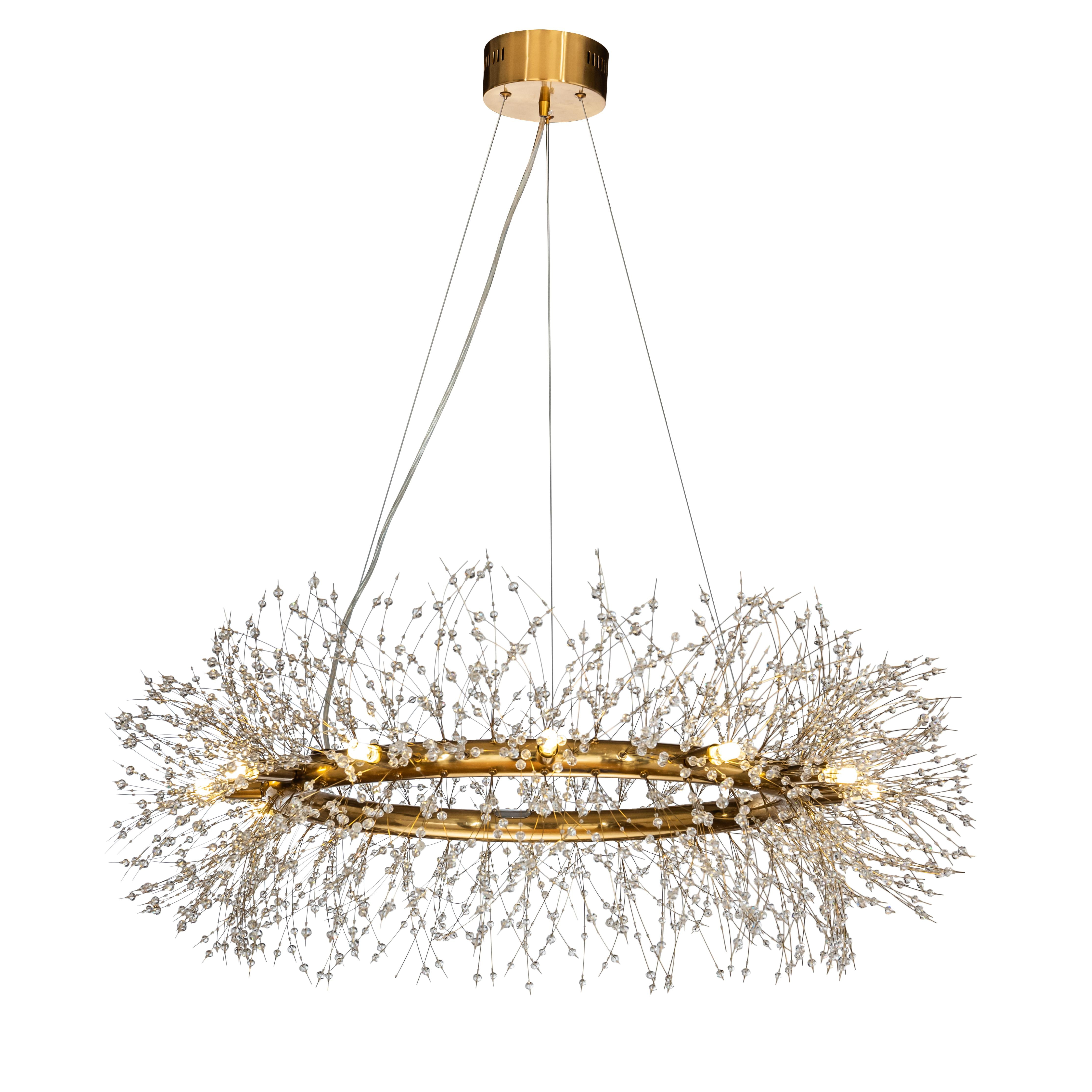 12-Lights Antique Brass Wagon Wheel Modern Crystal Firework Chandelier Glam Round Pendant Light Fixture for Dining Room or Living Room
