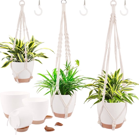West Bay 3 Set Hanging Planter with Macrame Plant Hangers Indoor Outdoor, Hanging Baskets for Plant, Flower Self Watering Pots Holders (White)