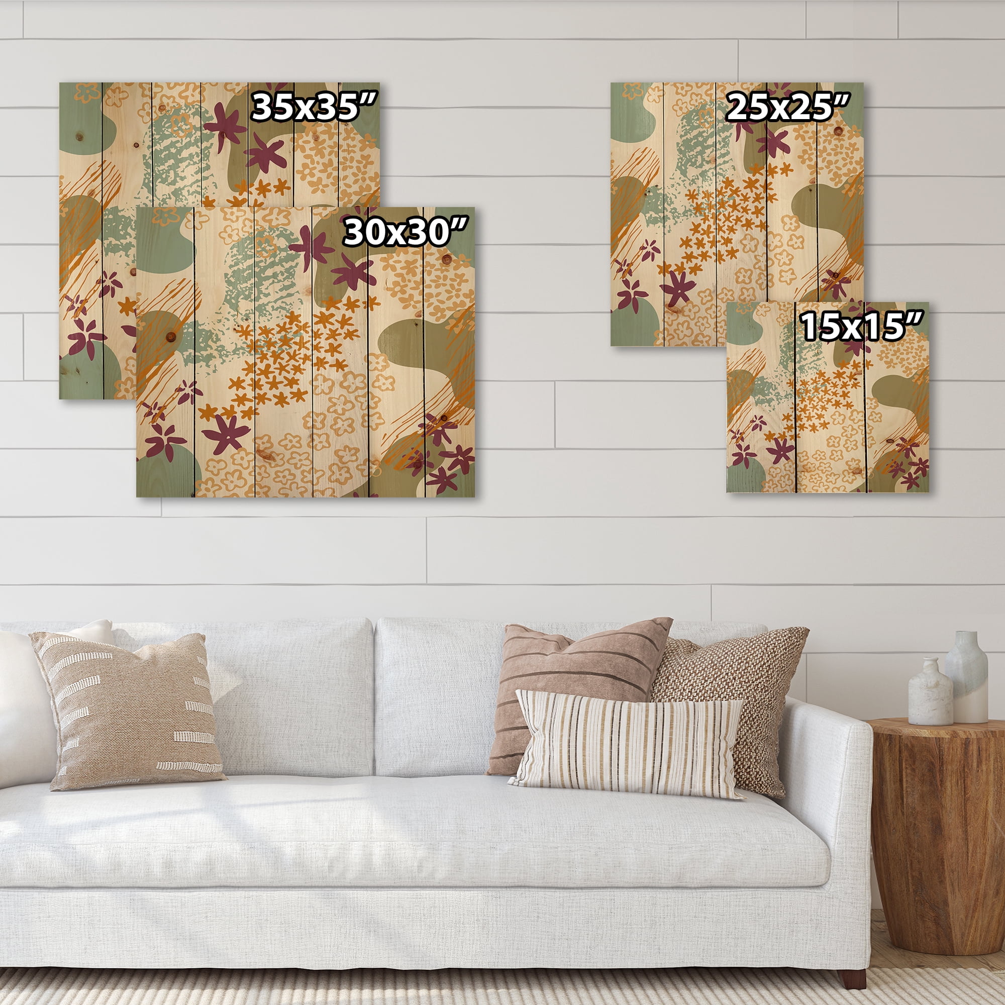 Designart 'Fluid Shapes and Flowers Silhouettes' Modern Print on Natural Pine Wood