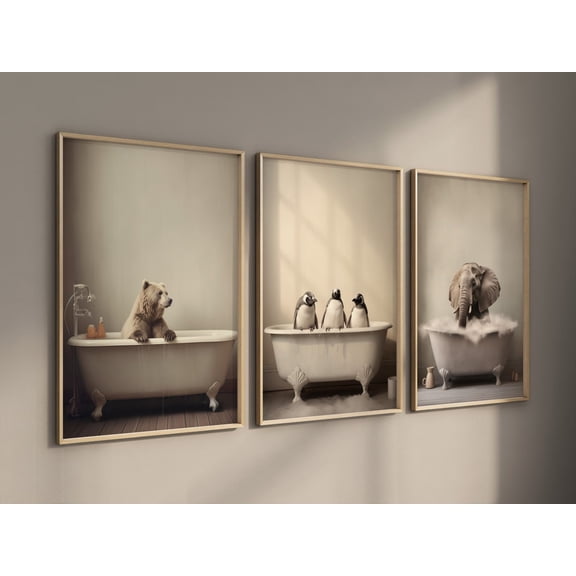 Vintage Animal Bath Black White Wall Art Set 3 Unframed Paper Print 8x12