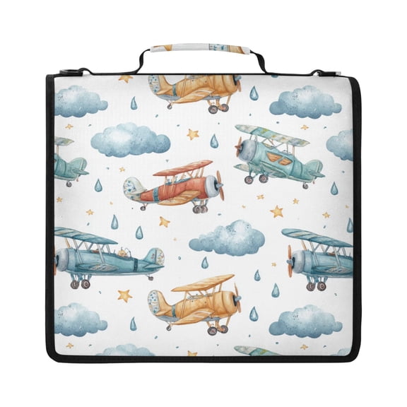 Zipper Binder with Shoulder Strap 2 inch 3 Ring Waterproof File Folder Organizer Bag 500 Sheet Watercolor Airplane Pattern