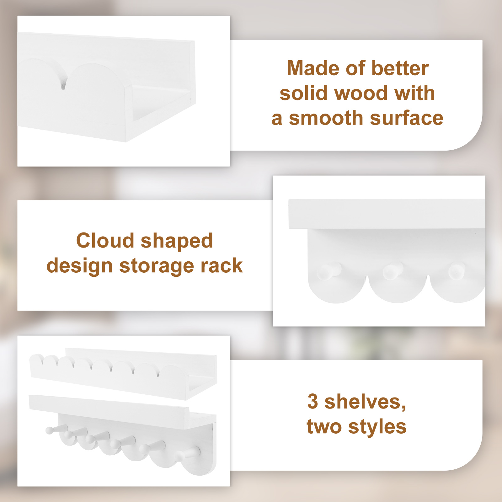 3Pcs Scalloped Wood Wall Storage Shelf Versatile Strong Load Bearing Wood Floating Wall Shelf for Nursery Living Room Toddler Room