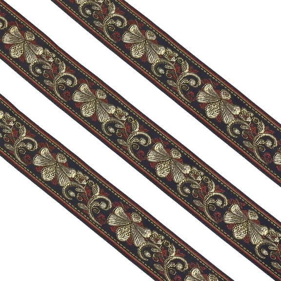10 Yard Vintage Jacquard Ribbon Black Jacquard Trim with Gold Red Embroidery Bee Floral 33mm Wide Webbing Ribbon Emobridered Woven Trim for DIY Clothing Accessories Decorations Black