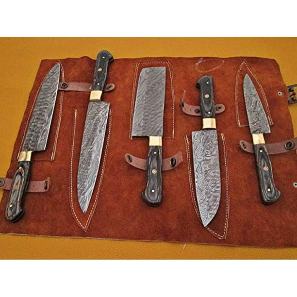 5 Pieces Damascus steel Hammered kitchen knife set, 2 tone black Dollar wood scale, 36 inches steel sharp knives, Custom made hand forged Hammered ...
