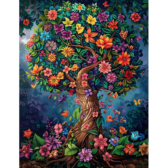 Colorful Tree of Life with Many Leaves and Flowers DIY 11CT Stamped Cross Stitch Kits for Beginners Easy Needlepoint Embroidery Counted Cross Stitch Art Craft for Wall Decoration 12x16inch(1)