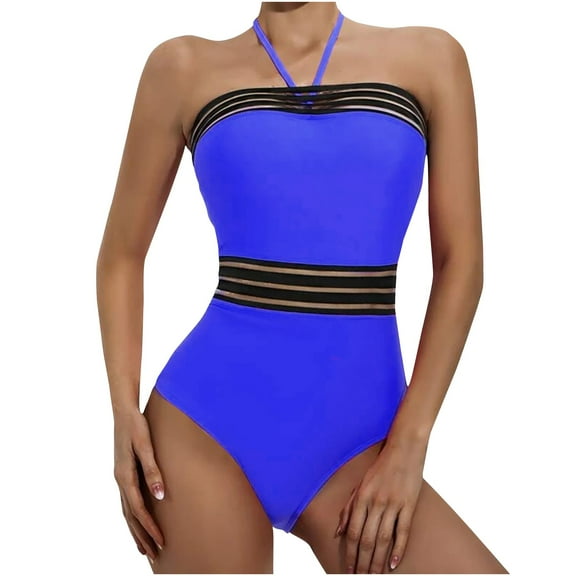 Babysbule Swimsuits for Women Clearance Women's Swimwear Solid Patchwork Halter Neck Mesh Hollow Out Beachwear Bikini One-Piece Swimsuit