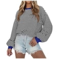 thumbnail image 2 of Tanghaowl Women Sweatshirt Trendy Women Striped Color Block Long Sleeve Crew Neck Pullover T Shirt with Fashionable Design Black S, 2 of 4