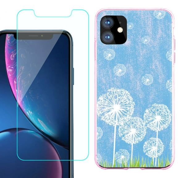 For Apple iPhone 11 Case, Slim-Fit TPU Protective Phone Case (Pink Bezel) with Tempered Glass Screen Protector, by OneToughShield ® - Dandelion Sky