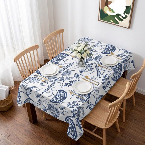 Boho Blue Floral Table Cloth Waterproof Tablecloths, Vintage Farmhouse Paisley Plant Leaf Tablecloth Dining Table Cover for Kitchen Party Tabletop Outdoor, Rectangle Tablecloth 52x70 Inch