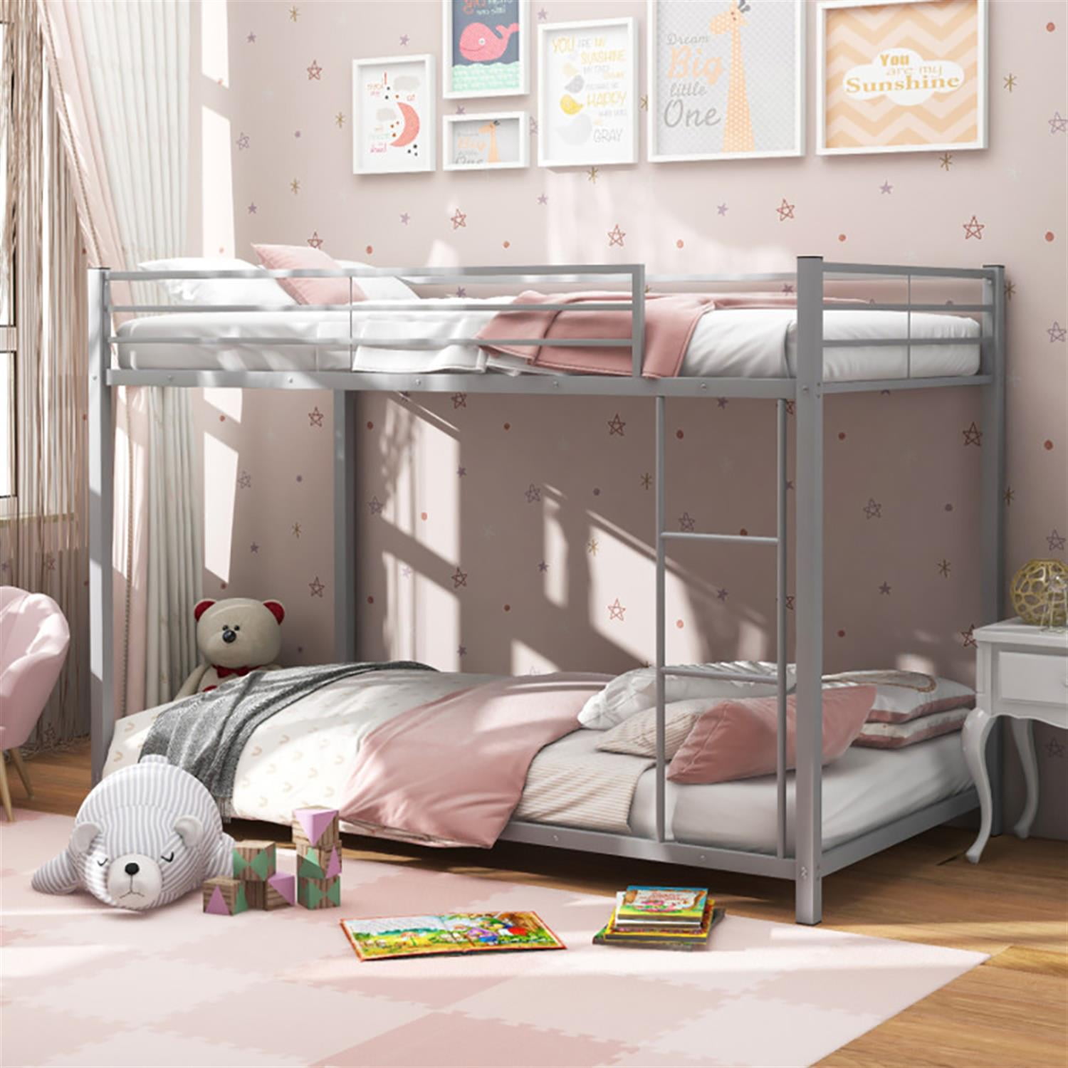 Demi Bonn Low Profile Twin Over Twin Bunk Bed with Full-length Guardrails, Sturdy Metal Twin Bunk Beds, Bed Frame, Silver