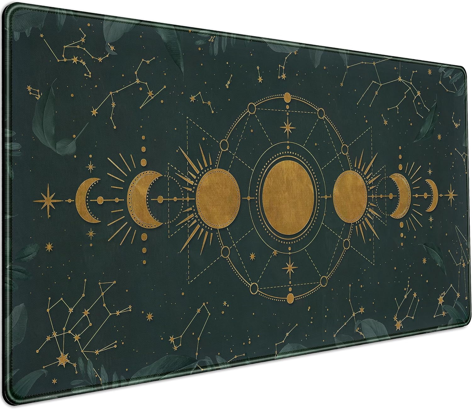 Mousepad Forest Green XXL Desk Mat Gold Moon Phases Large Extended Mouse Pad Gaming Laptop Keyboard and Mouse Mat Desk Pad, Non-Slip Rubber Base with Stitched Edges, 31.5x15.75 in