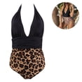 thumbnail image 2 of Women's One Piece Swimsuit Halter Plunge Neck Ruched Tummy Control Bathing Suits One-piece Open Back Sexy Color Block Bikini, 2 of 9