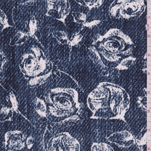 Ity Knit Denim Blue Sweater Rose Print, Fabric Sold By the Yard ...