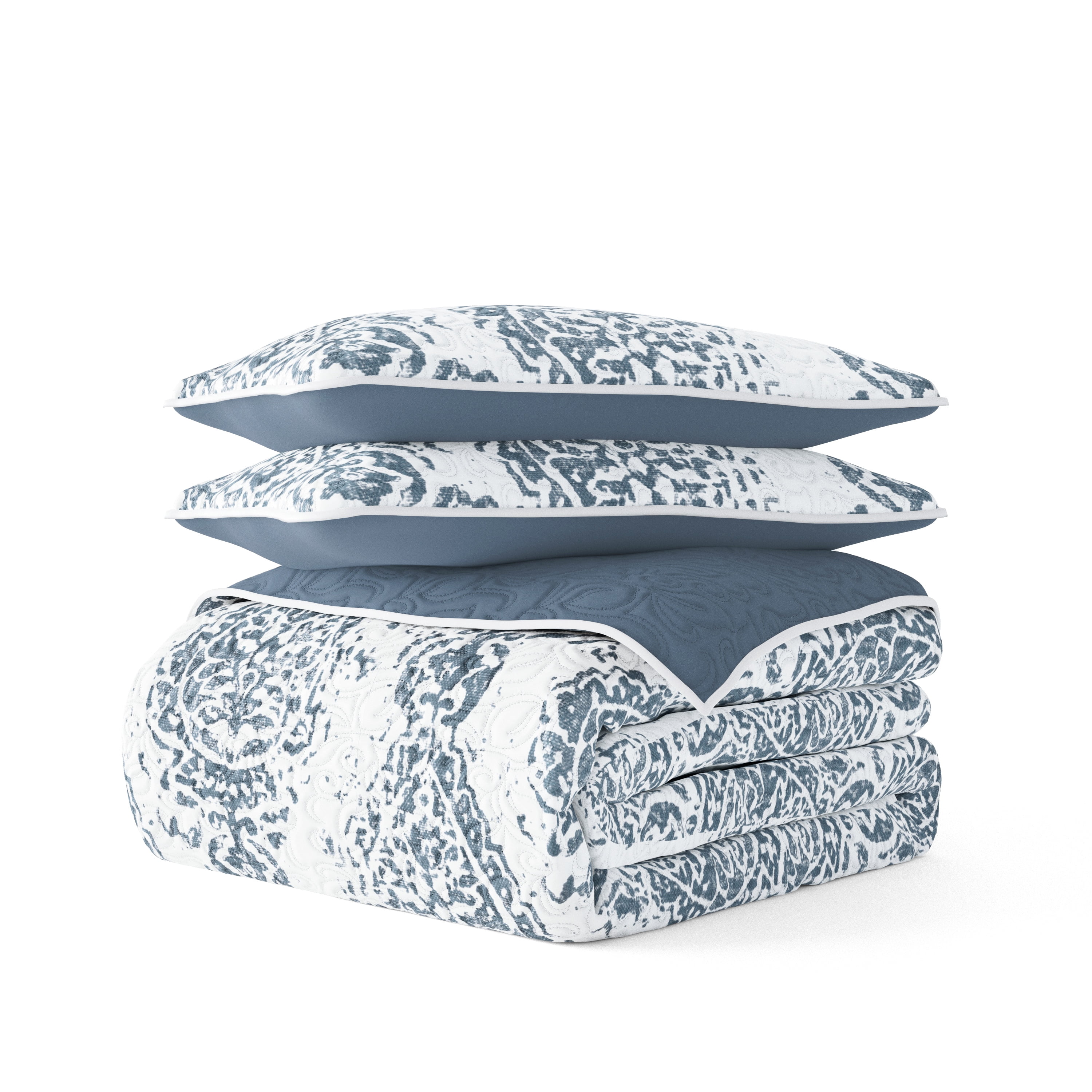 Noble Linens Dusk Blue 3 Piece Distressed Damask Reversible Print Quilt Set, Queen / Full