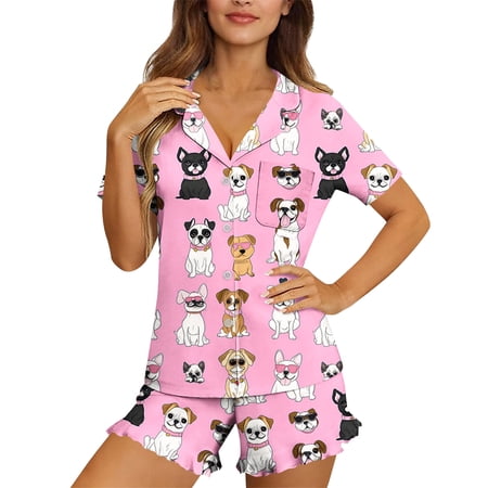 SYMOID Womens Cute Dog Print Button Down Pajama Set Short Sleeve Soft Stretchy Two Piece Summer Sleepwear with Ruffled Hem Multicolor Size XL