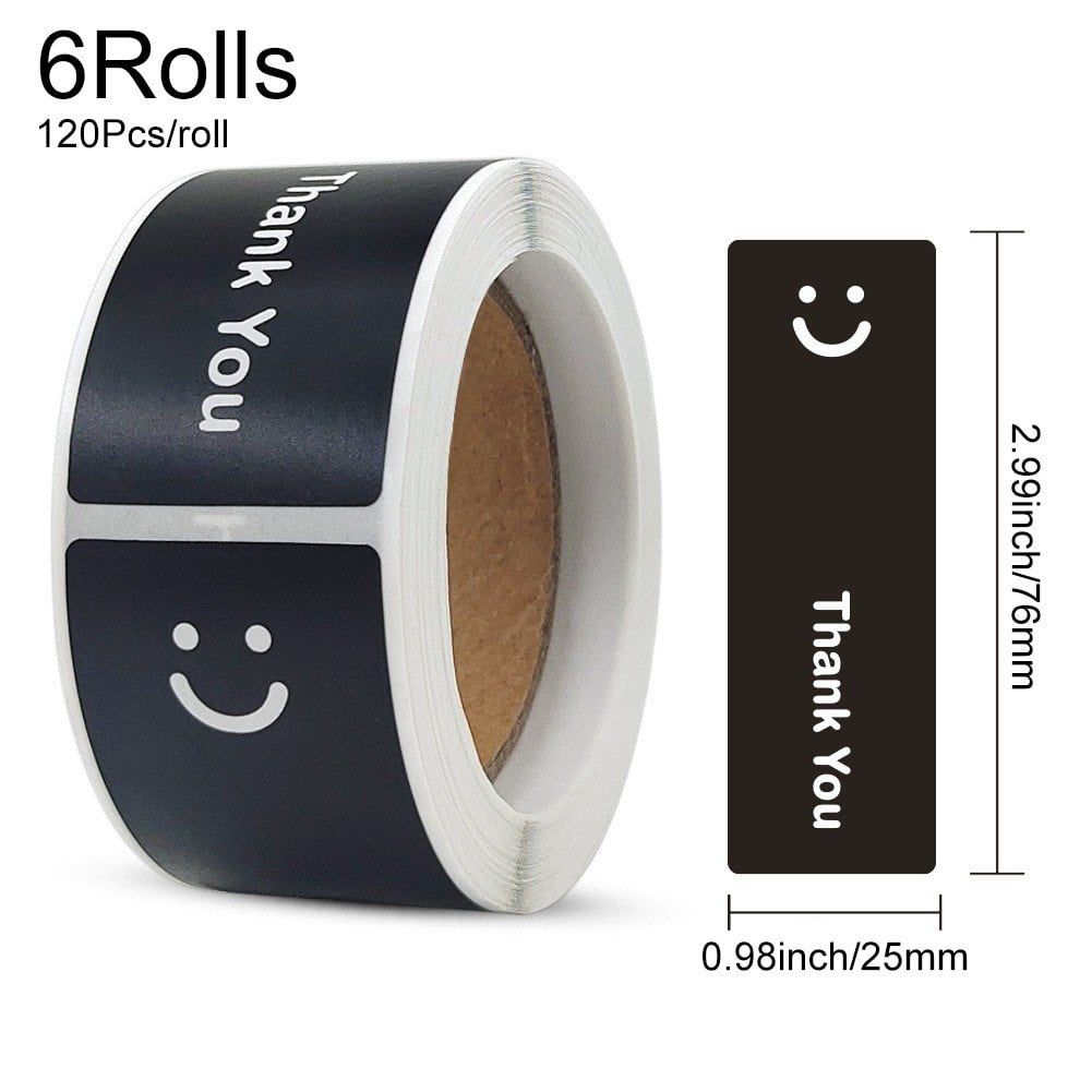 6Rolls Smile Thank You Stickers, Black Color Rectangle Gift Envelope Seals, Thank You Lables for Small Bussiness, Packaging, Online Retailers, Boutiques, Boxes