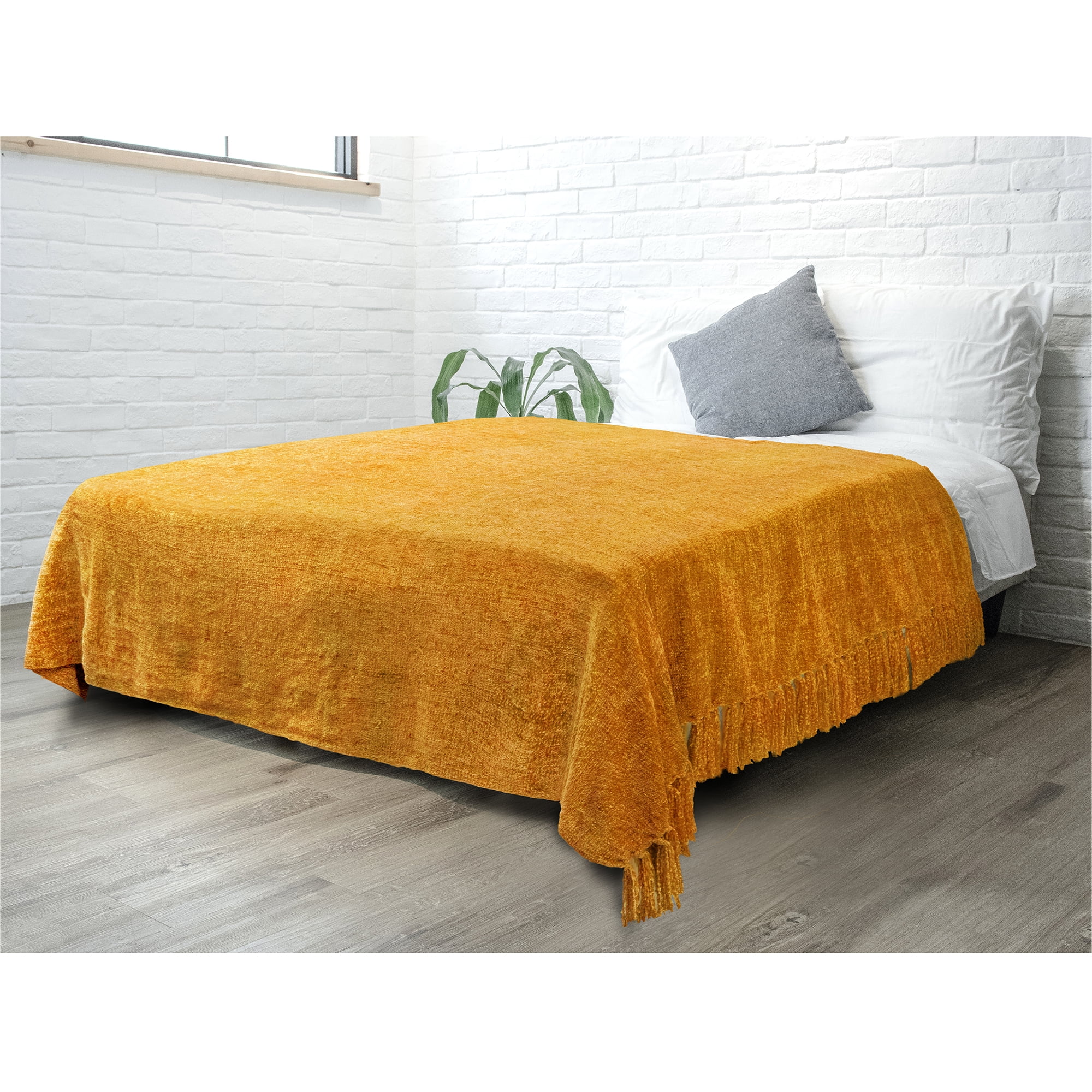 PAVILIA Chenille Tassel Fringe Throw Blanket Velvety Texture