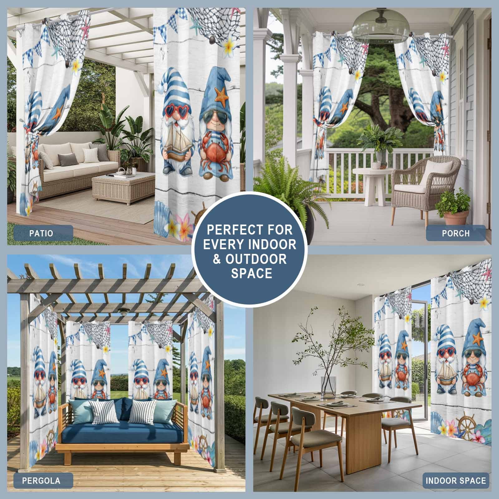 Ocean Gnome Outdoor Curtains for Patio, Nautical Shell Sea Star Flag Flower White Wood Grain Sunshade Privacy Drapes Grommet Waterproof Outside Curtains for Porch/Cabana/Balcony 54"x 108", 1 Panel